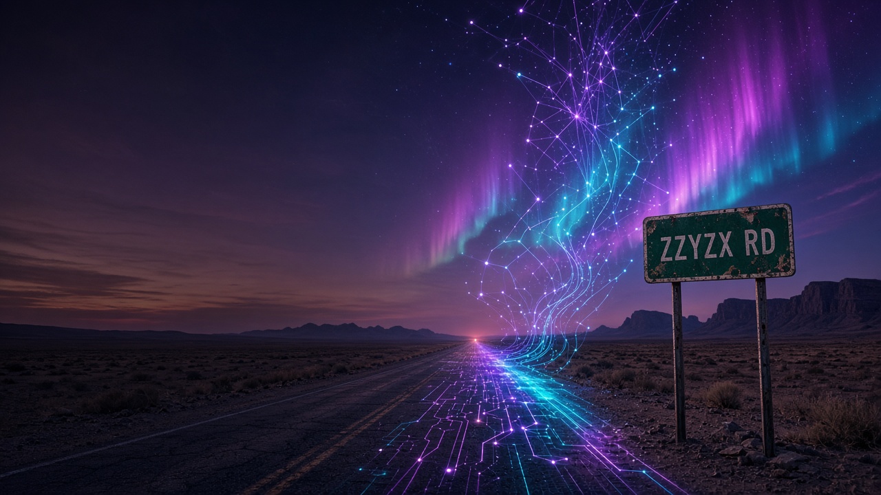 A desert road at dusk with a ZZYZX RD sign and glowing neural trails across the sky